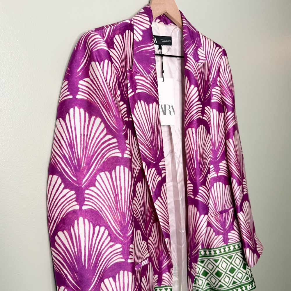 NWT Zara Women’s Satin‎ Effect Printed Blazer Jacket Green Purple White Medium - Picture 6 of 9